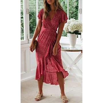 ZESICA Women's 2025 Bohemian Floral Printed Wrap V Neck Short Sleeve Split Beach Party Maxi Dress,Ur...