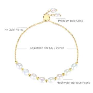 HUWODY Baroque Pearl Bracelet 14K Gold Plated Bolo Bracelet for Women Adjustable 5.5"-9"