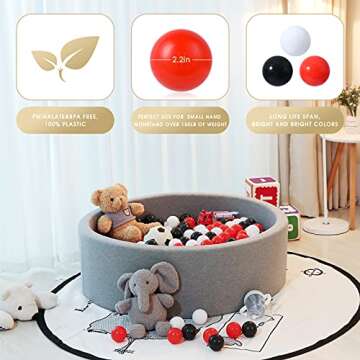 GUESVOT Ball Pit Balls Plastic Balls for Ball Pit BPA Free Plastic Balls Crush and Smash Proof Balls 100pcs 2.2" Set for Toddlers for Play Tent Tunnel (Black+White+Red)