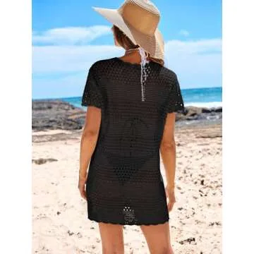 Caracilia Women Swimsuit Coverup Crochet Bathing Suit Cover Ups for Swimwear Swim Summer Bikini Beachwear Beach Dress Black Small