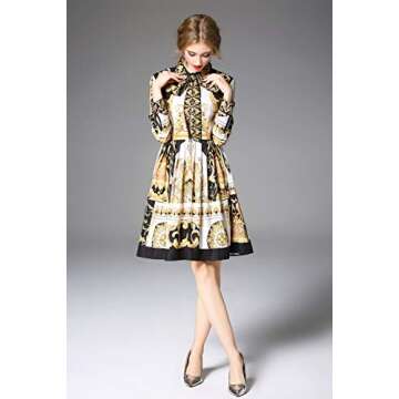 LAI MENG FIVE CATS Women's 3/4 Sleeve Floral Print Button up Casual A-line Party Swing Midi Dress