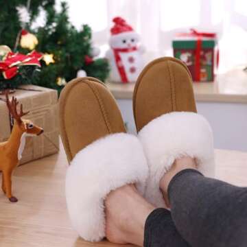 Litfun Fuzzy House Slippers for Women Fluffy Memory Foam Suede Slippers with Faux Fur Collar Indoor ...