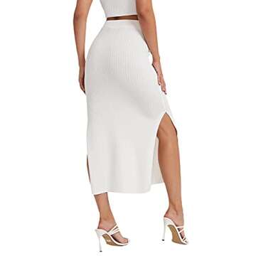 SweatyRocks Women's Casual High Waist Solid Split Side Rib Knit Midi Skirt White S