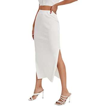 SweatyRocks Women's Casual High Waist Solid Split Side Rib Knit Midi Skirt White S