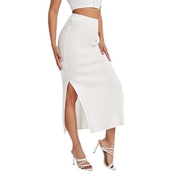 SweatyRocks Women's Casual High Waist Solid Split Side Rib Knit Midi Skirt White S