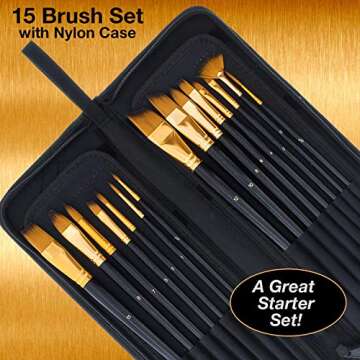 U.S. Art Supply 15 Piece Artist Long Handle Synthetic Paint Brush Set - Multi Functional Watercolor ...