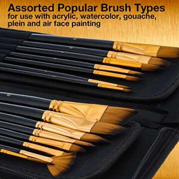 U.S. Art Supply 15 Piece Artist Long Handle Synthetic Paint Brush Set - Multi Functional Watercolor Gouache Oil Acrylic Brush Set in Zippered Nylon Pop-Up Travel Storage Case