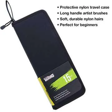 U.S. Art Supply 15 Piece Artist Long Handle Synthetic Paint Brush Set - Multi Functional Watercolor Gouache Oil Acrylic Brush Set in Zippered Nylon Pop-Up Travel Storage Case