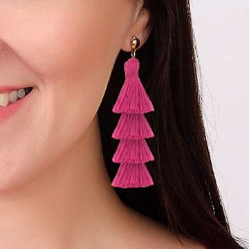 BaubleStar Fashion Gold Tassel Dangle Earrings Layered Long Bonita Tiered Thread Tassel Rose Red Dro...