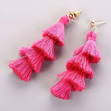 BaubleStar Fashion Gold Tassel Dangle Earrings Layered Long Bonita Tiered Thread Tassel Rose Red Drop Statement Jewelry for Women