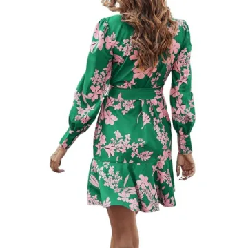 MakeMeChic Women's Floral Long Sleeve Tie Neck Button Front Ruffle Hem Short Dress with Belt Green L