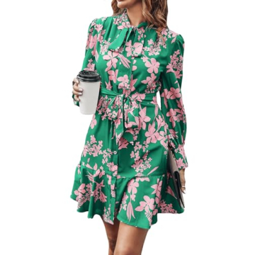 MakeMeChic Women's Floral Long Sleeve Tie Neck Button Front Ruffle Hem Short Dress with Belt Green L