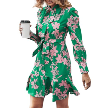 MakeMeChic Women's Floral Long Sleeve Tie Neck Button Front Ruffle Hem Short Dress with Belt Green L