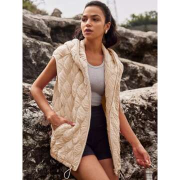 SENSERISE Womens Oversized Puffer Vest Sleeveless Quilted Jacket Zip Up Hoodie Winter Coat with Pockets Padded Gilet(Light Khaki,S)