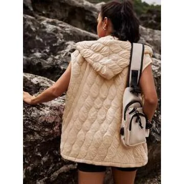 SENSERISE Womens Oversized Puffer Vest Sleeveless Quilted Jacket Zip Up Hoodie Winter Coat with Pockets Padded Gilet(Light Khaki,S)