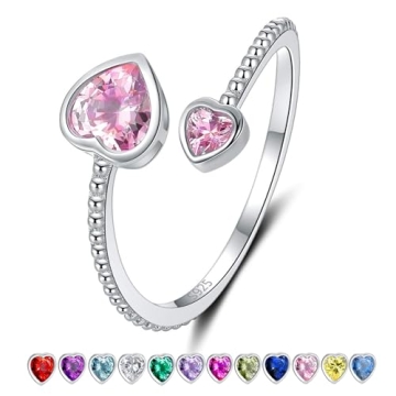 S925 Sterling Silver October Birthstone Rings for Women Sisters BBF - Adjustable Pink Heart Pomise K...