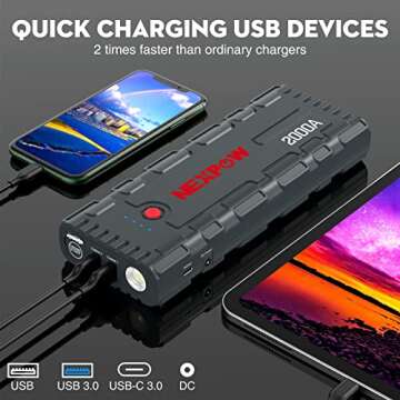 NEXPOW 2000A Peak Car Jump Starter with USB Quick Charge 3.0 (Up to 7.0L Gas or 6.5L Diesel Engine), 12V Portable Jump Box, Battery Booster with Built-in LED Light