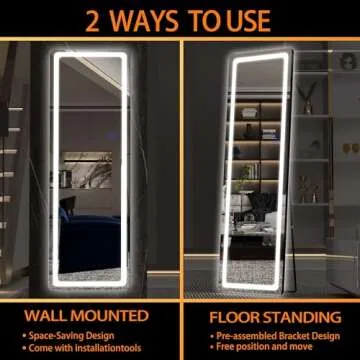 Hasipu Full Length Mirror with Lights, 56" x 16" LED Floor Mirror, Full Body Dressing Standing Mirror, Hanging Mounted Mirror for Living Room Bedroom Cloakroom, Round Black