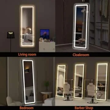 Hasipu Full Length Mirror with Lights, 56" x 16" LED Floor Mirror, Full Body Dressing Standing Mirror, Hanging Mounted Mirror for Living Room Bedroom Cloakroom, Round Black