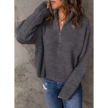 Dokotoo Quarter Zip Pullover Sweaters for Women Casual Waffle Knit Tops Fall Winter Outfits Jumpers Long Sleeve Fashion 2024 Loose Fit Lightweight Loose Slouchy Knit Gray Tops Small