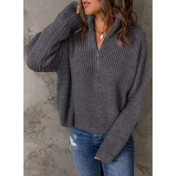 Dokotoo Quarter Zip Pullover Sweaters for Women Casual Waffle Knit Tops Fall Winter Outfits Jumpers Long Sleeve Fashion 2024 Loose Fit Lightweight Loose Slouchy Knit Gray Tops Small