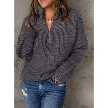 Dokotoo Quarter Zip Pullover Sweaters for Women Casual Waffle Knit Tops Fall Winter Outfits Jumpers Long Sleeve Fashion 2024 Loose Fit Lightweight Loose Slouchy Knit Gray Tops Small