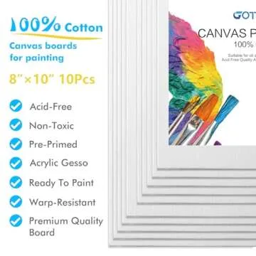 GOTIDEAL Canvas Boards, 8x10 inch Set of 10,Gesso Primed White Blank Canvases for Painting - 100% Co...