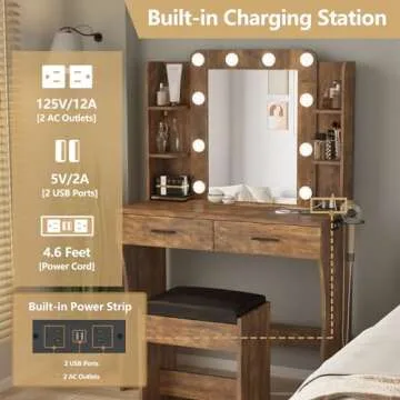 Vanity Desk with Lights,Makeup Vanity with Power Strip,Dressing Table Set with 2 Large Drawers,Vanity Mirror 3 Lighting Color Adjustable,Rustic Brown