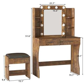 Vanity Desk with Lights,Makeup Vanity with Power Strip,Dressing Table Set with 2 Large Drawers,Vanity Mirror 3 Lighting Color Adjustable,Rustic Brown