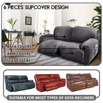 ULTICOR Extra Wide 75-100" 2 Seater Reclining Sofa Slipcover, Velvet Stretch 6-Piece, Soft Washable ...