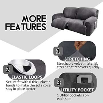ULTICOR Extra Wide 75-100" 2 Seater Reclining Sofa Slipcover, Velvet Stretch 6-Piece, Soft Washable (Dark Grey)
