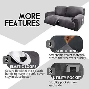 ULTICOR Extra Wide 75-100" 2 Seater Reclining Sofa Slipcover, Velvet Stretch 6-Piece, Soft Washable (Dark Grey)