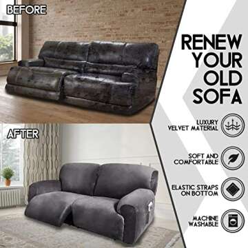 ULTICOR Extra Wide 75-100" 2 Seater Reclining Sofa Slipcover, Velvet Stretch 6-Piece, Soft Washable (Dark Grey)