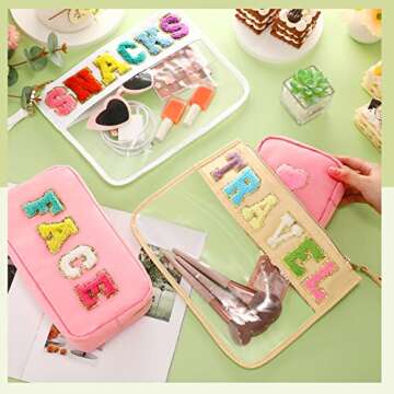 Amylove 4 Pcs Chenille Letter Bag Preppy Nylon Cosmetic Bag Letter Patches Makeup Travel Bag Makeup ...