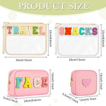 Amylove 4 Pcs Chenille Letter Bag Preppy Nylon Cosmetic Bag Letter Patches Makeup Travel Bag Makeup Pouch Clear Zipper Toiletry Bag for Women Beach Travel Organizer(Pink Face)