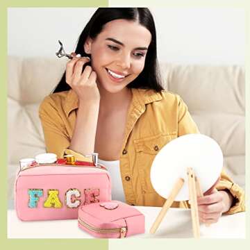 Amylove 4 Pcs Chenille Letter Bag Preppy Nylon Cosmetic Bag Letter Patches Makeup Travel Bag Makeup Pouch Clear Zipper Toiletry Bag for Women Beach Travel Organizer(Pink Face)