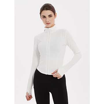 Gihuo Women's Athletic Full Zip Lightweight Workout Jacket Cropped Gym Yoga Track Jacket with Thumb Holes (White01, Small)