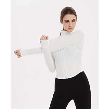 Gihuo Women's Athletic Full Zip Lightweight Workout Jacket Cropped Gym Yoga Track Jacket with Thumb Holes (White01, Small)