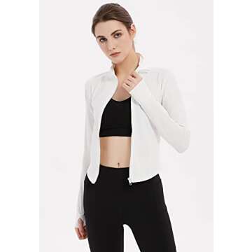 Gihuo Women's Athletic Full Zip Lightweight Workout Jacket Cropped Gym Yoga Track Jacket with Thumb Holes (White01, Small)