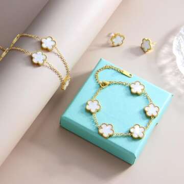 AmorArtSky Lucky Clover Necklace Jewelry Sets,18K Gold Plated Flower Design Five Leaf Bracelet,Clover Necklace Pendant,Clover Earrings for Women Lucky Gifts for Mom,Wife, Daughter,Friends