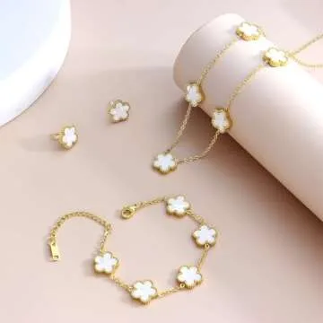 AmorArtSky Lucky Clover Necklace Jewelry Sets,18K Gold Plated Flower Design Five Leaf Bracelet,Clover Necklace Pendant,Clover Earrings for Women Lucky Gifts for Mom,Wife, Daughter,Friends
