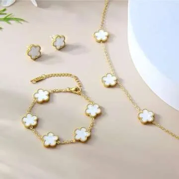 AmorArtSky Lucky Clover Necklace Jewelry Sets,18K Gold Plated Flower Design Five Leaf Bracelet,Clover Necklace Pendant,Clover Earrings for Women Lucky Gifts for Mom,Wife, Daughter,Friends