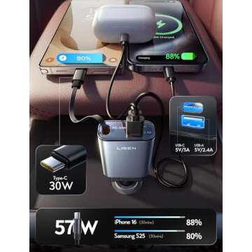 LISEN Retractable Car Charger USB C Fast Charging