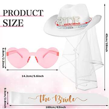 Janmercy The Bride White Cowgirl Hat with Veil Bachelorette Party White Satin Sash Rimless Heart Sha...