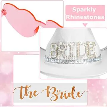 Janmercy The Bride White Cowgirl Hat with Veil Bachelorette Party White Satin Sash Rimless Heart Shape Sunglasses Wedding Party Supplies