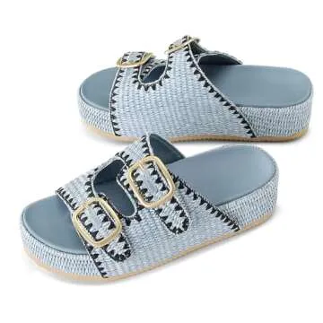 MICIFA Raffia Platform Sandals for Women, Wedges Summer Beach Sandals Comfortable Cute Woven Straw Crochet Sandals Shoes Casual Adjustable Buckle Strap Shoes