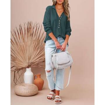 BTFBM Women Casual Button Down Fall Blouses 2025 Long Sleeve Solid Business Work Tops Cute Relaxed Fit Shirts(Solid Dark Green, Small)