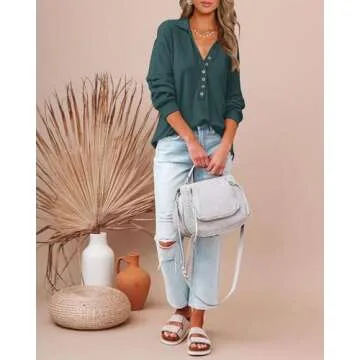 BTFBM Women Casual Button Down Fall Blouses 2025 Long Sleeve Solid Business Work Tops Cute Relaxed Fit Shirts(Solid Dark Green, Small)