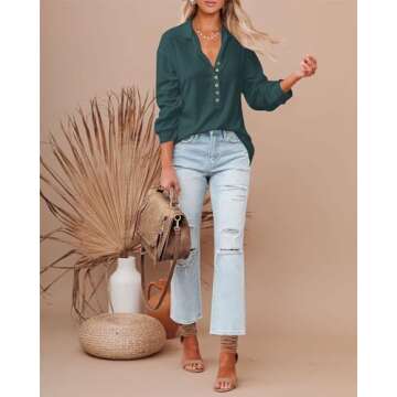 BTFBM Women Casual Button Down Fall Blouses 2025 Long Sleeve Solid Business Work Tops Cute Relaxed Fit Shirts(Solid Dark Green, Small)