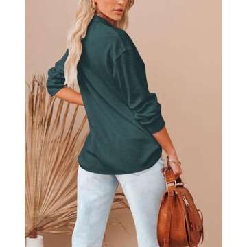 BTFBM Women Casual Button Down Fall Blouses 2025 Long Sleeve Solid Business Work Tops Cute Relaxed Fit Shirts(Solid Dark Green, Small)